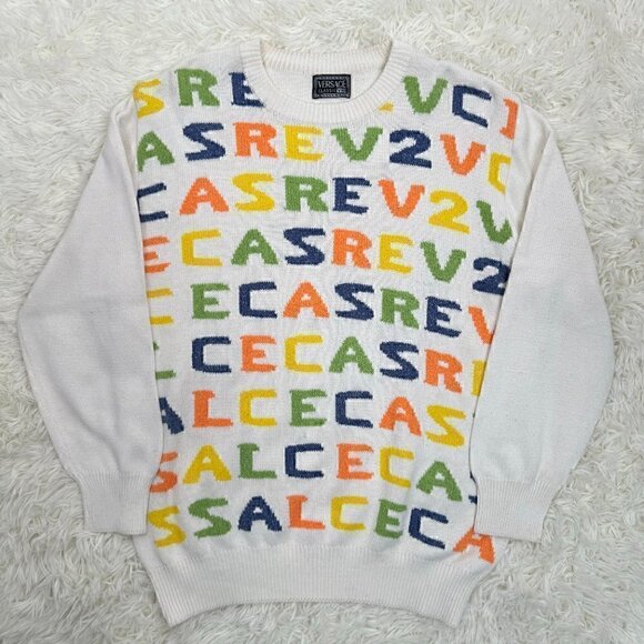 Versace White Multicolor Logo Crewneck Sweater - Picture 3 of 8
